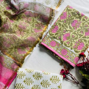 Handblock printed cotton suit set with pink floral design and olive green pattern with dupatta by Mora Mora India